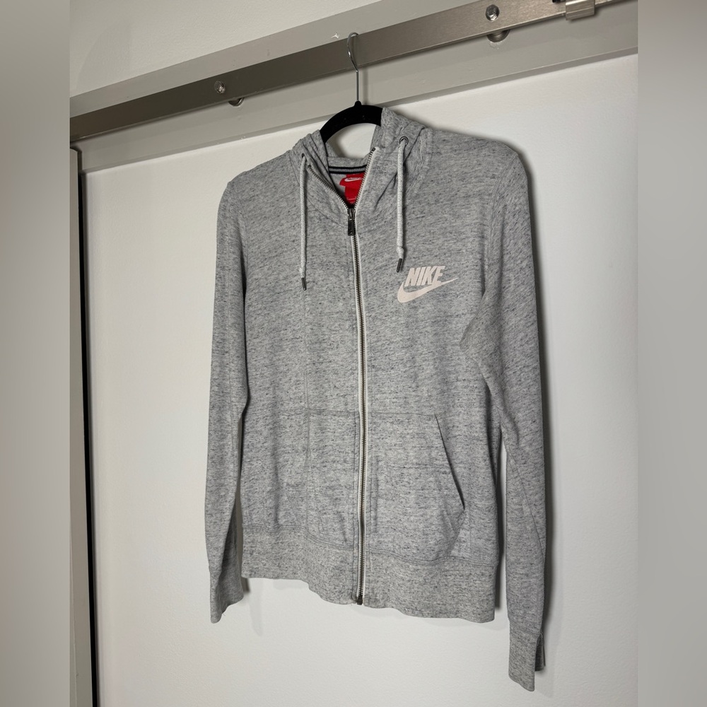 Nike Light Gray Zip Hoodie Sweatshirt with White Logo Medium